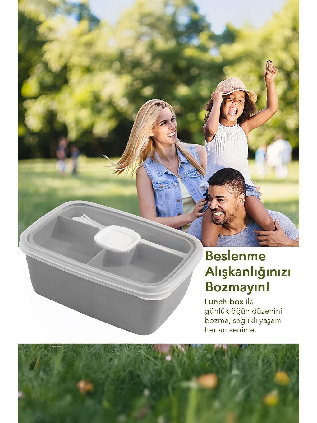 2 Katlı Bölmeli Beslenme Kabı Yemek Taşıma Saklama Kabı Diyet Lunch Box Sosluk Kaşık Çatal Gri-5