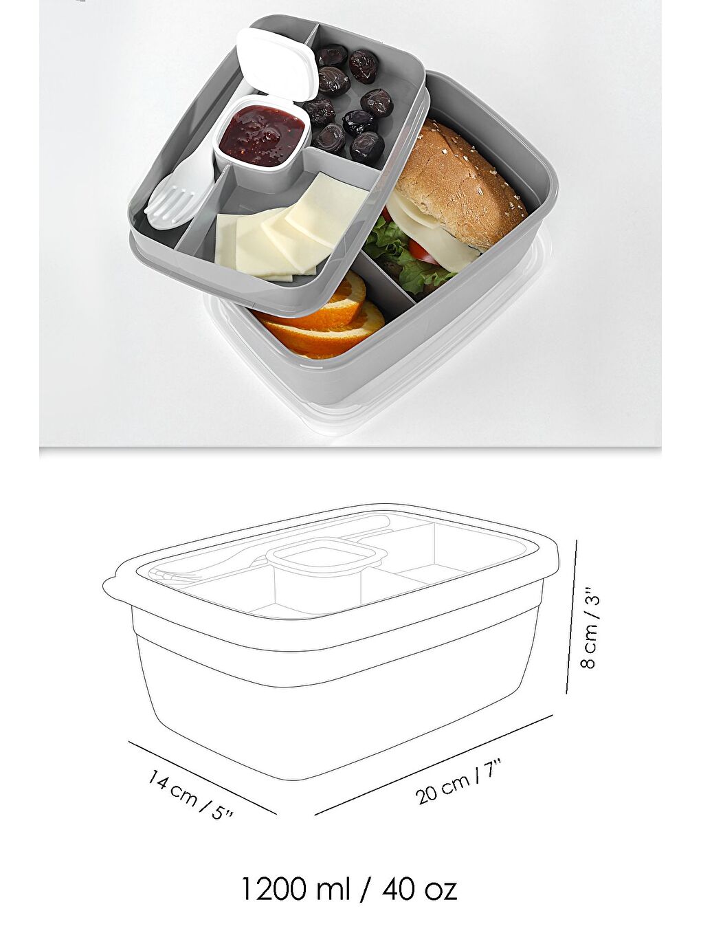 2 Katlı Bölmeli Beslenme Kabı Yemek Taşıma Saklama Kabı Diyet Lunch Box Sosluk Kaşık Çatal Gri-6