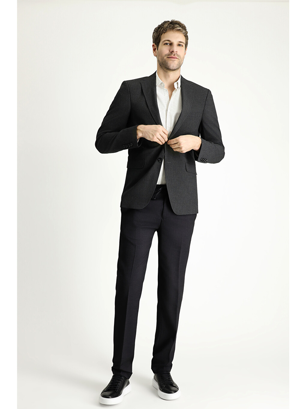 Antrasit Klasik Ekose Gofre Blazer Ceket-1