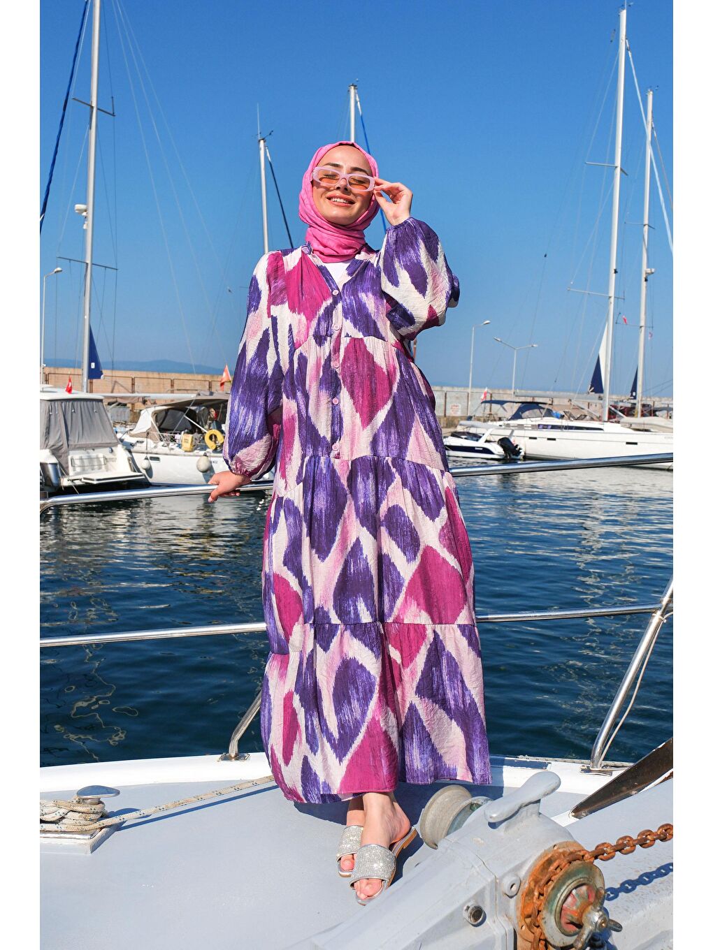 Fırça Desen Elbise Lila-4