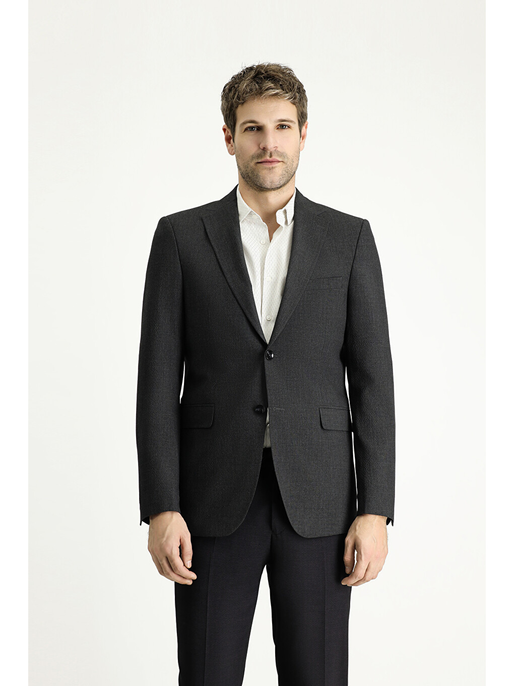 Antrasit Klasik Ekose Gofre Blazer Ceket-3