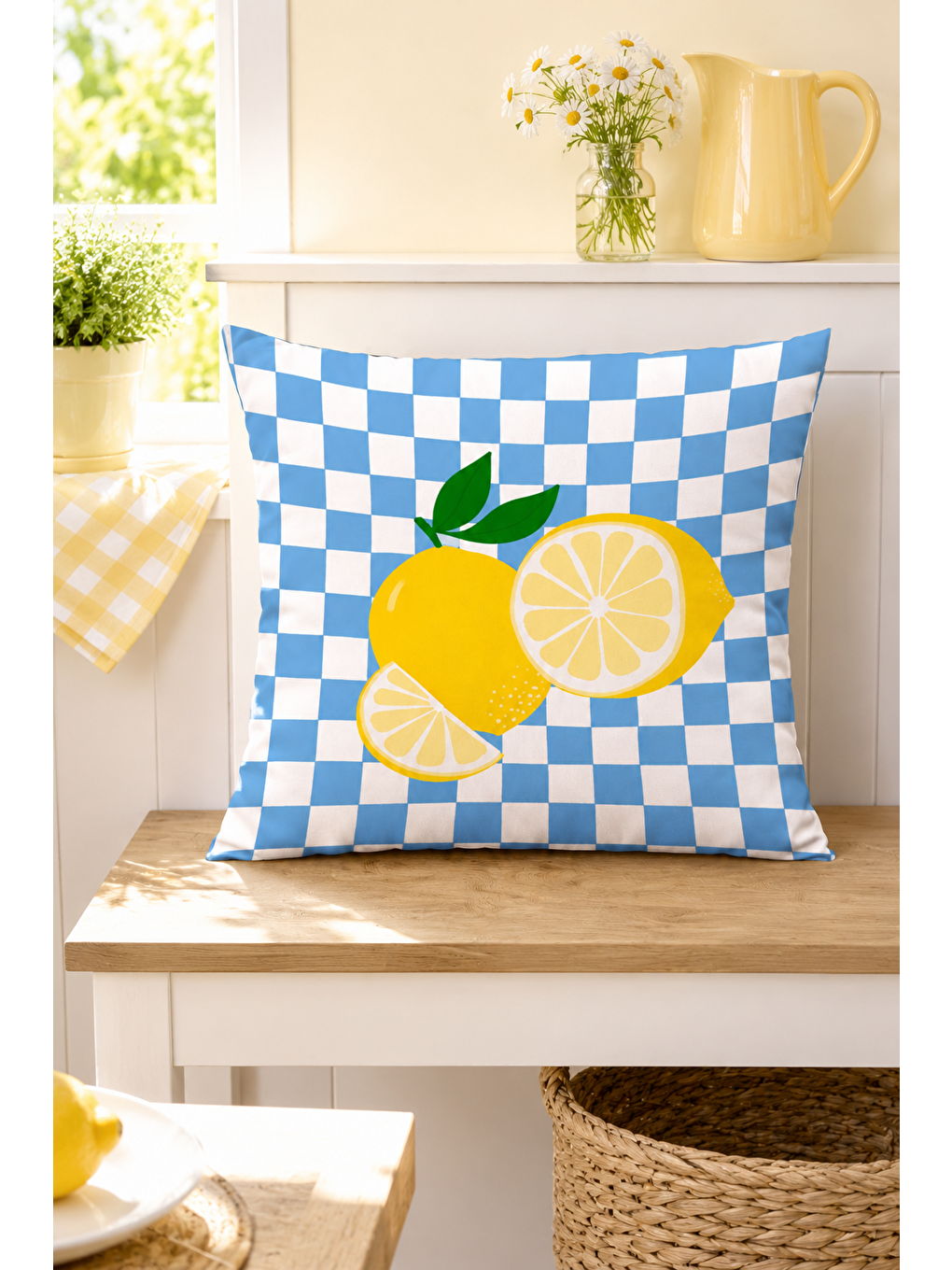 Beyaz Limon Dama Desenli Dekoratif Kırlent Kılıfı Yazlık Akdeniz Balkon Dekoru 43x43 Cm-1