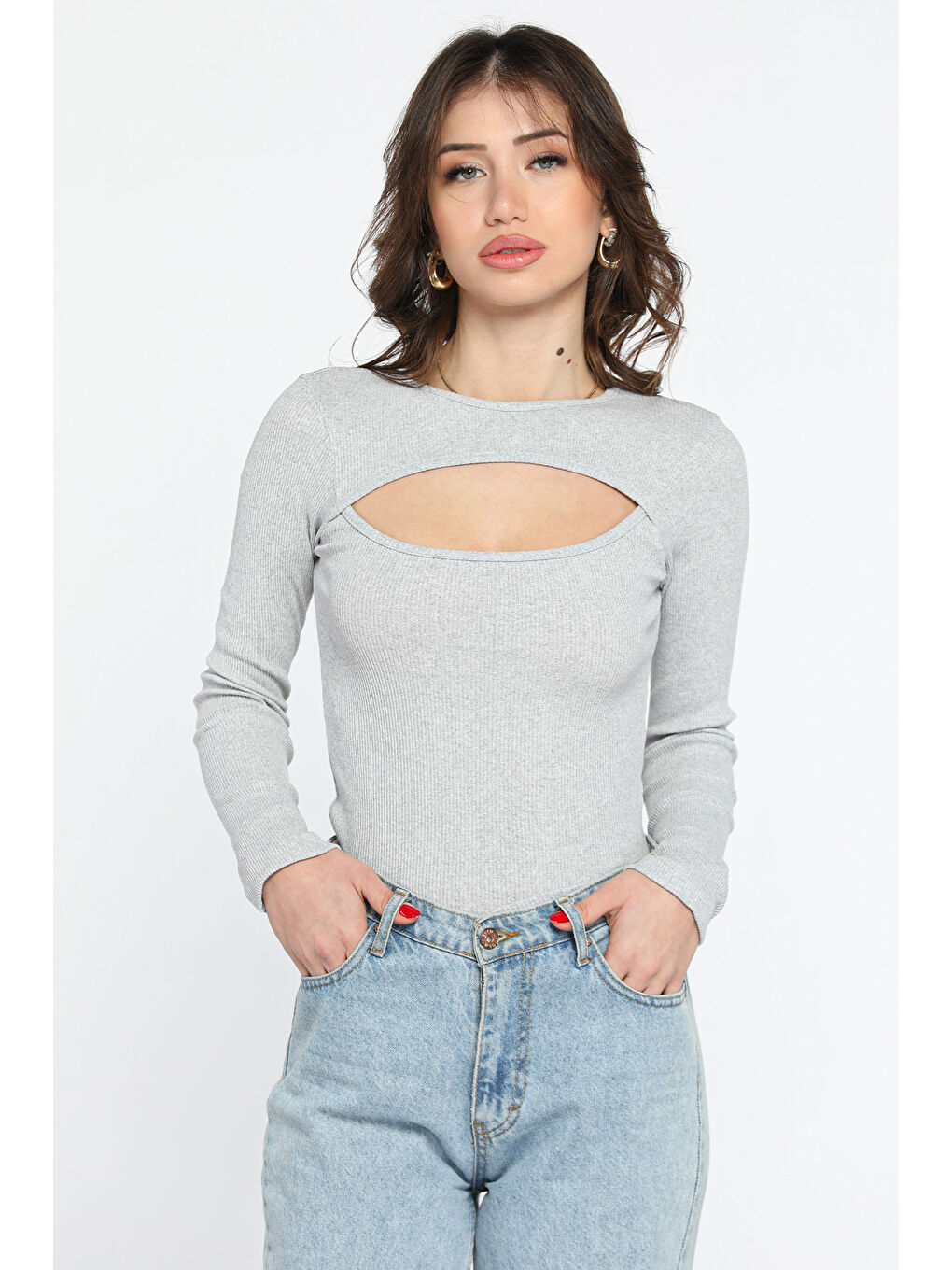 Gri Ön Pencereli Elastanlı Kaşkorse Bluz-1