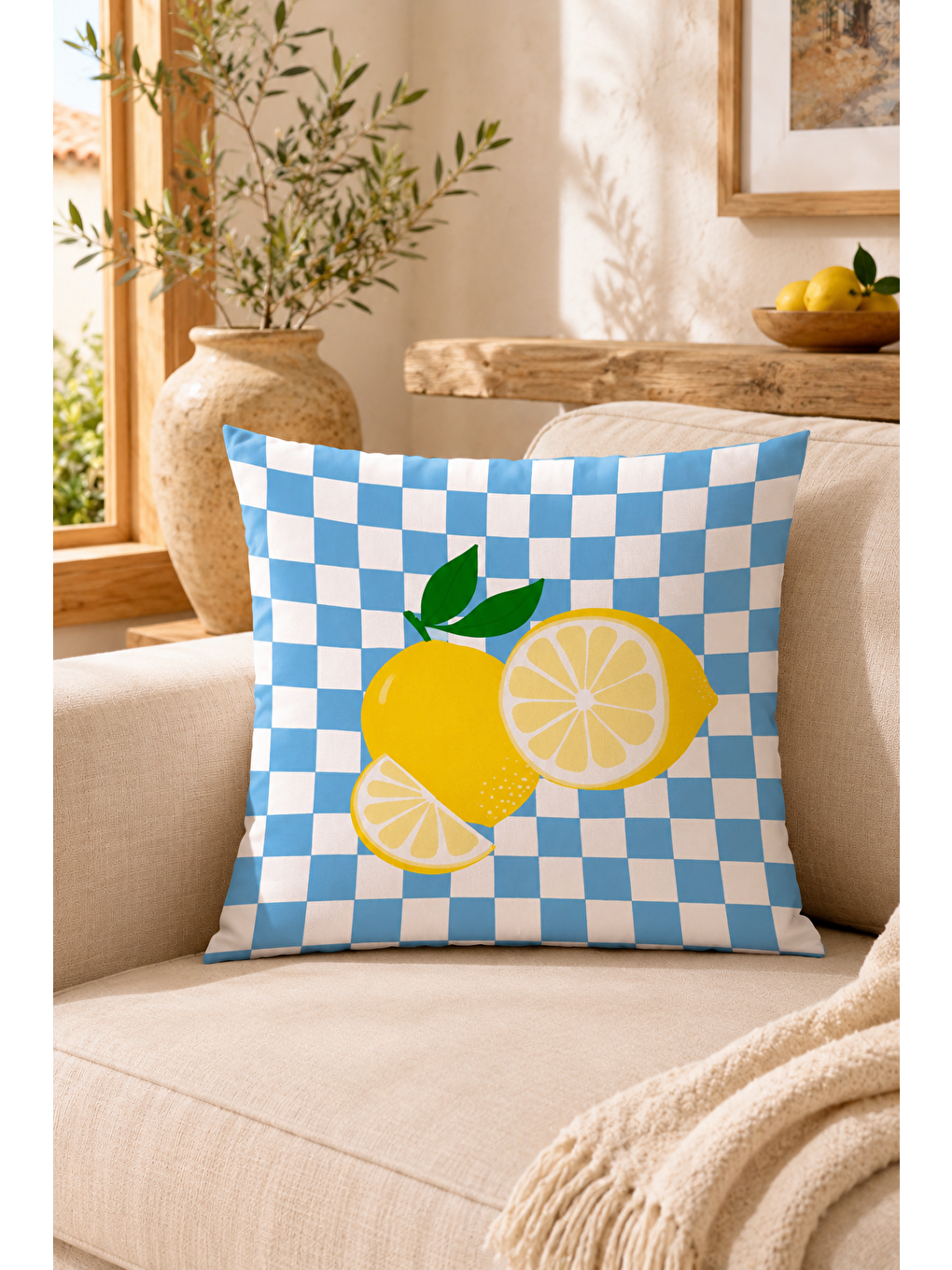 Beyaz Limon Dama Desenli Dekoratif Kırlent Kılıfı Yazlık Akdeniz Balkon Dekoru 43x43 Cm-2