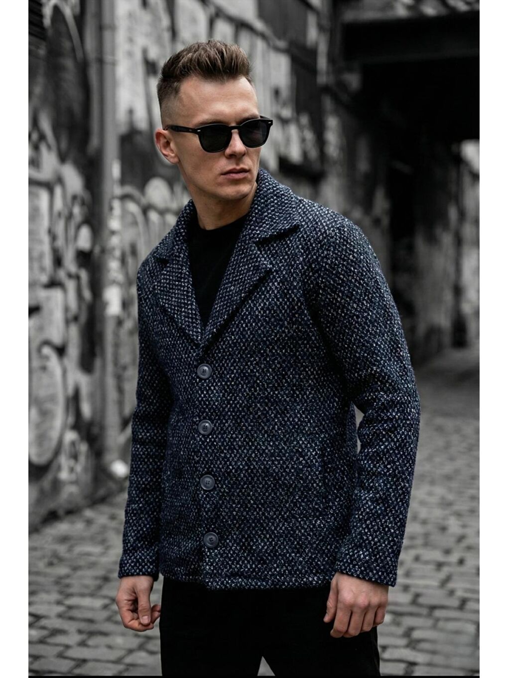 Siyah Kruvaze Düğmeli Dar Kesim Ekose Dokulu Astarsız Erkek Ceket