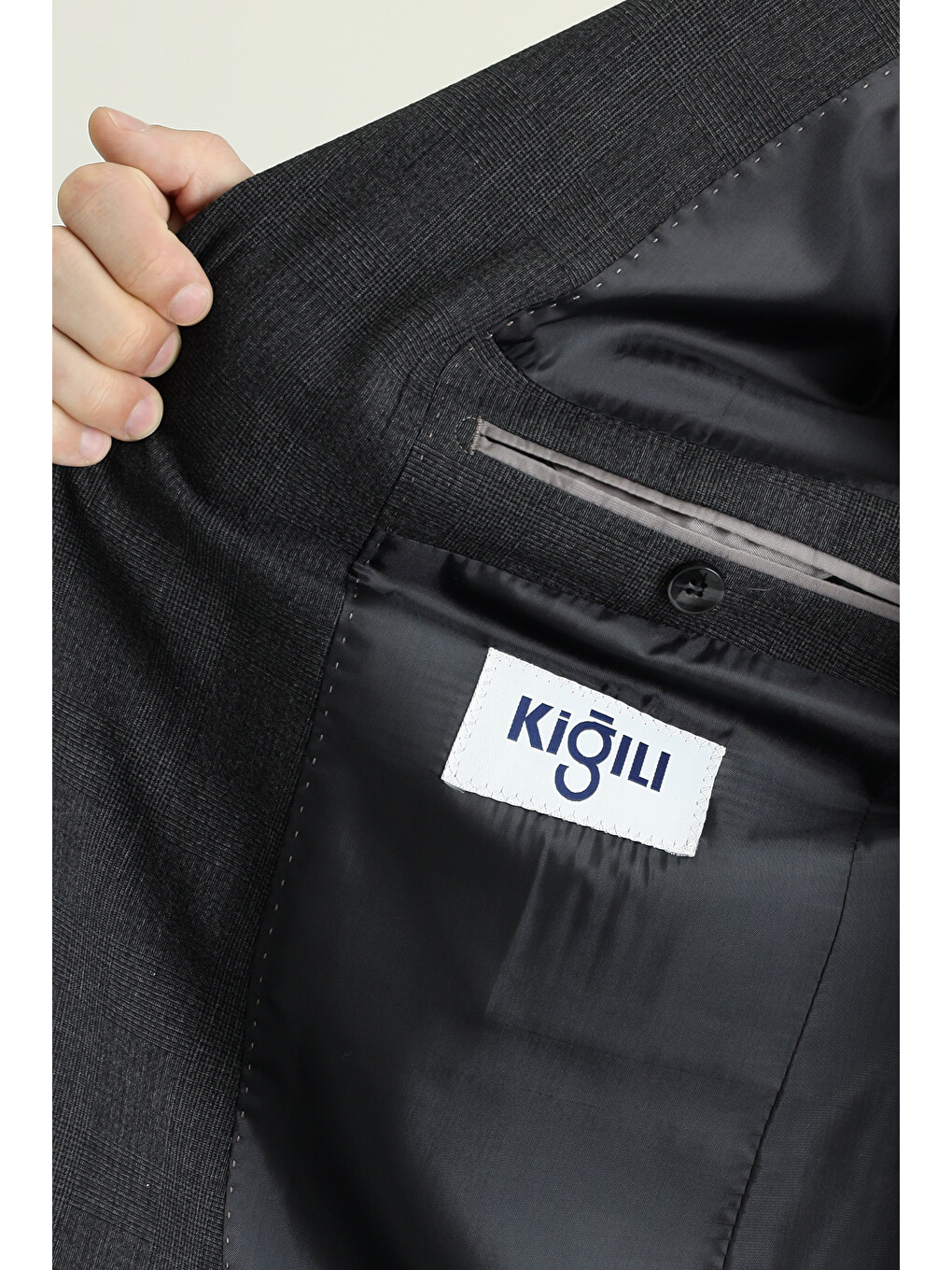 Antrasit Klasik Ekose Gofre Blazer Ceket-5
