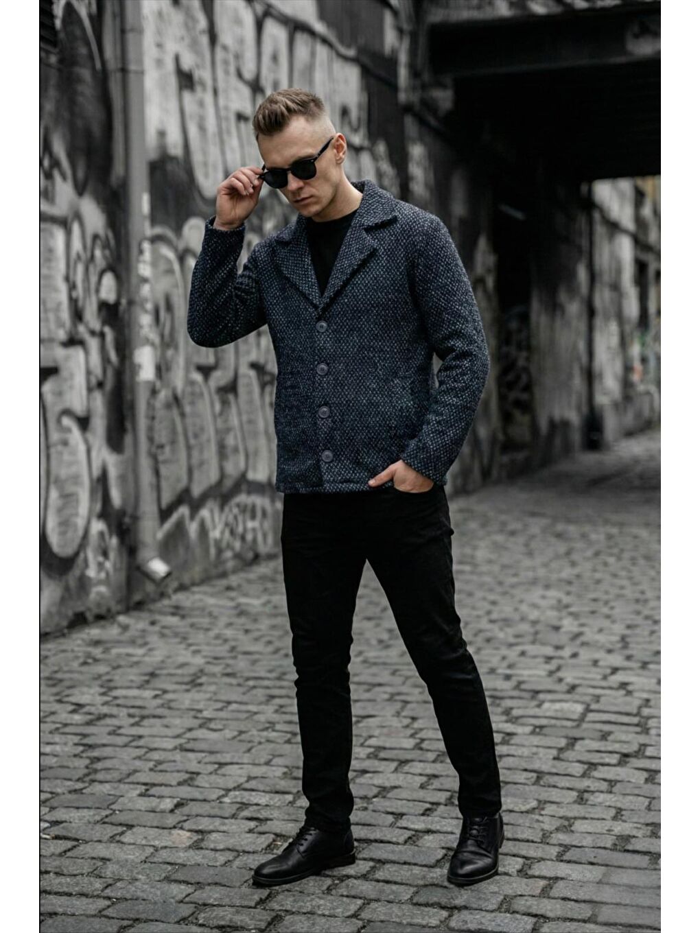 Siyah Kruvaze Düğmeli Dar Kesim Ekose Dokulu Astarsız Erkek Ceket-1