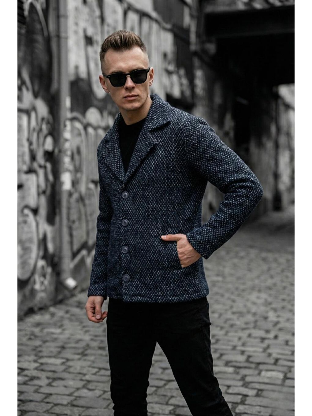 Siyah Kruvaze Düğmeli Dar Kesim Ekose Dokulu Astarsız Erkek Ceket-2