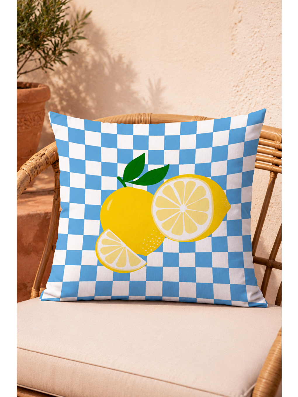 Beyaz Limon Dama Desenli Dekoratif Kırlent Kılıfı Yazlık Akdeniz Balkon Dekoru 43x43 Cm-3
