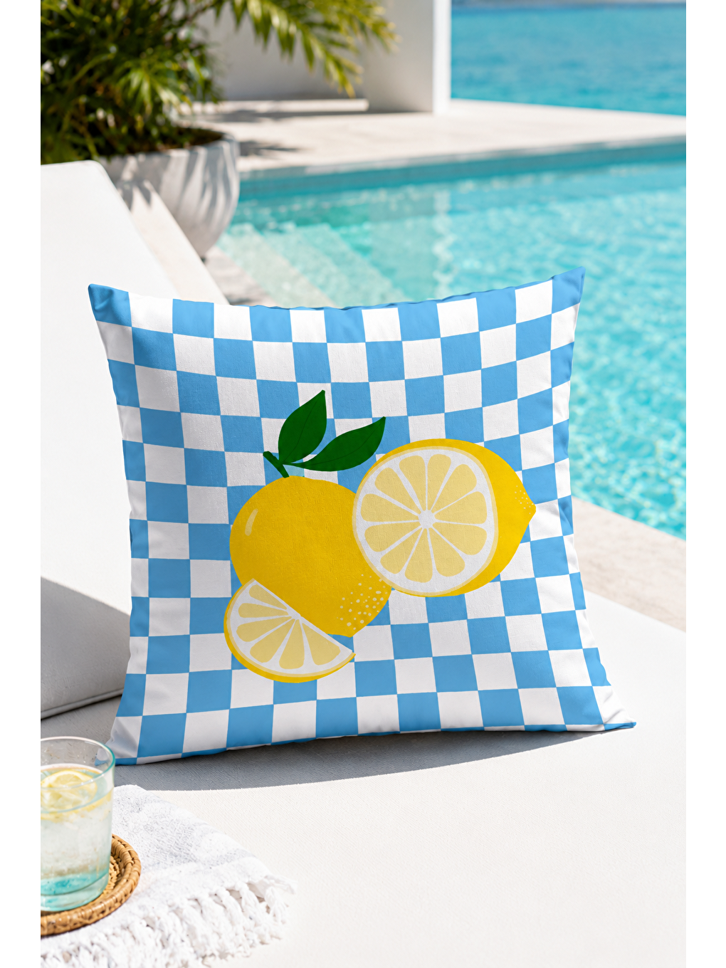 Beyaz Limon Dama Desenli Dekoratif Kırlent Kılıfı Yazlık Akdeniz Balkon Dekoru 43x43 Cm-4