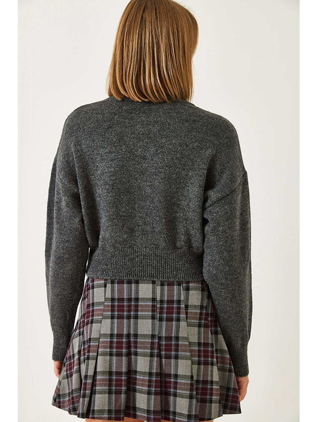 Antrasit Kadın Düğmeli Triko Hırka-5