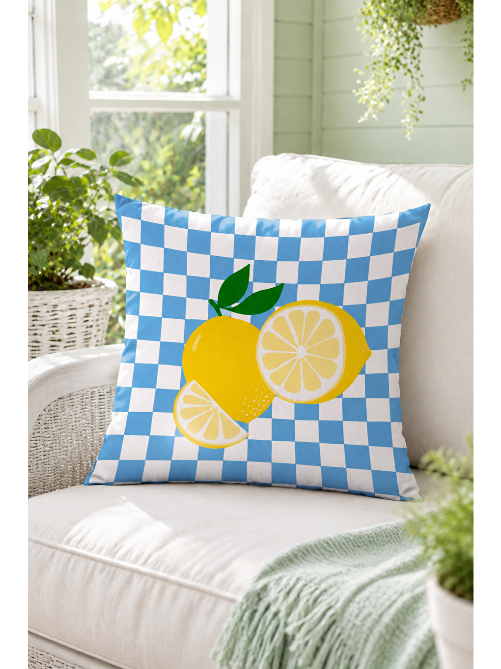 Beyaz Limon Dama Desenli Dekoratif Kırlent Kılıfı Yazlık Akdeniz Balkon Dekoru 43x43 Cm-5