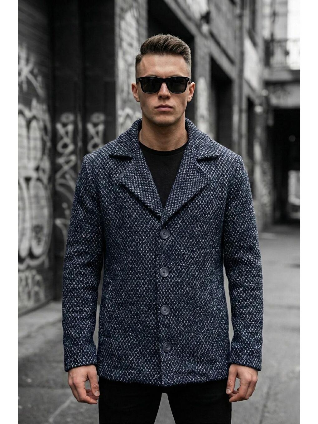 Lacivert Kruvaze Düğmeli Dar Kesim Ekose Dokulu Astarsız Erkek Ceket