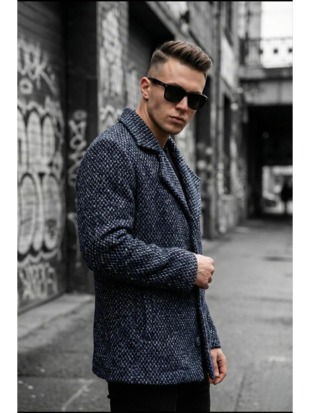 Lacivert Kruvaze Düğmeli Dar Kesim Ekose Dokulu Astarsız Erkek Ceket-1