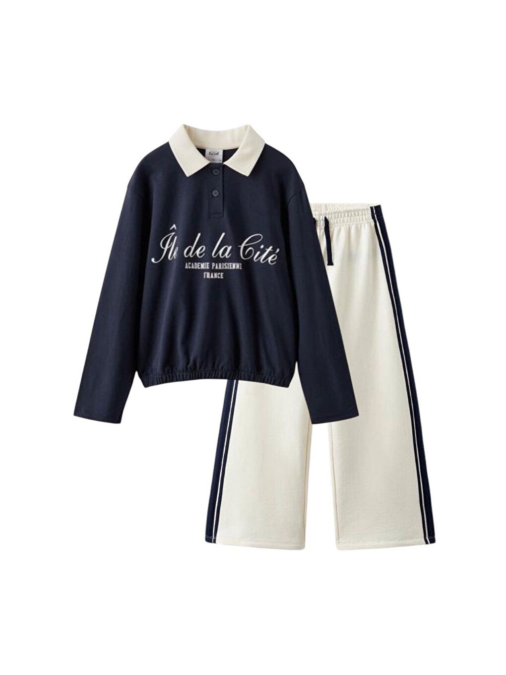 Karışık Kız Çocuk Pamuklu Lacivert-Beyaz Paris Baskılı Polo Yaka Eşofman Takımı - Şerit Detaylı-1