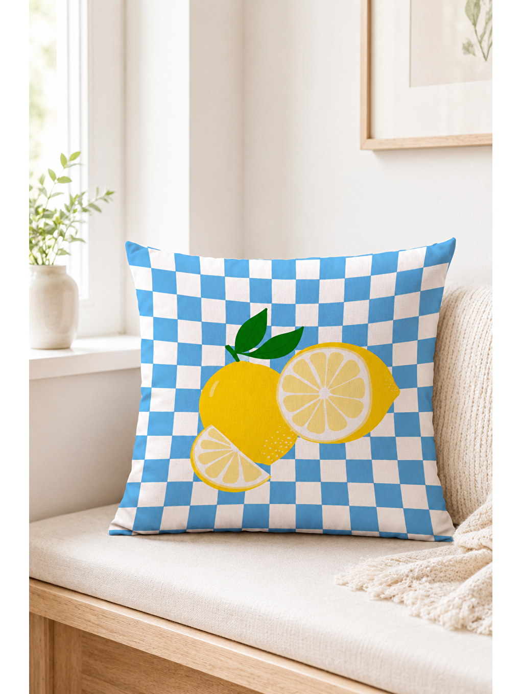 Beyaz Limon Dama Desenli Dekoratif Kırlent Kılıfı Yazlık Akdeniz Balkon Dekoru 43x43 Cm-6