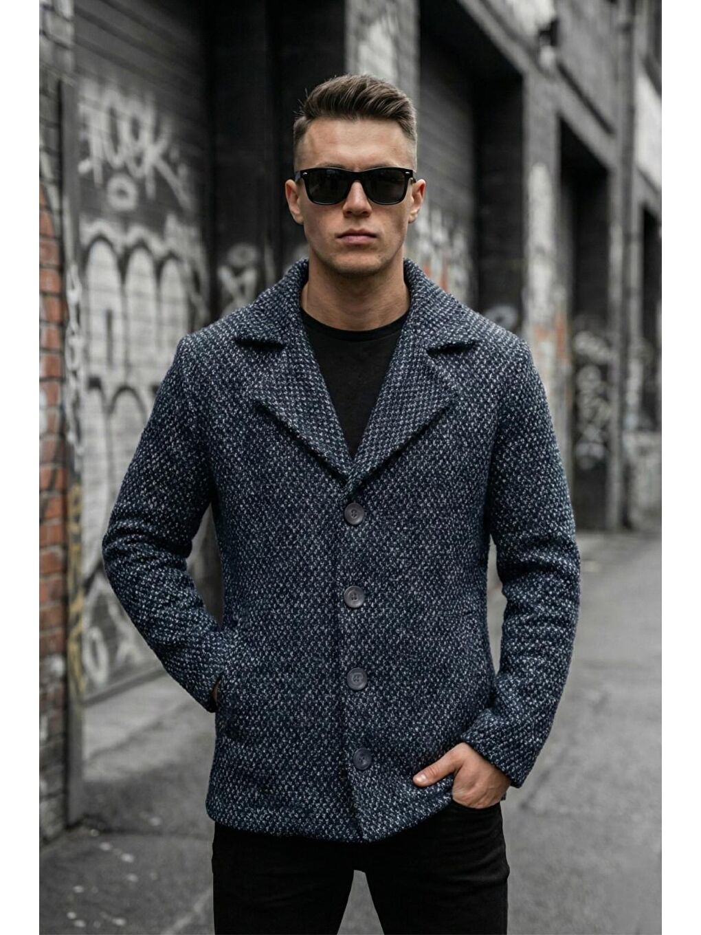 Lacivert Kruvaze Düğmeli Dar Kesim Ekose Dokulu Astarsız Erkek Ceket-2