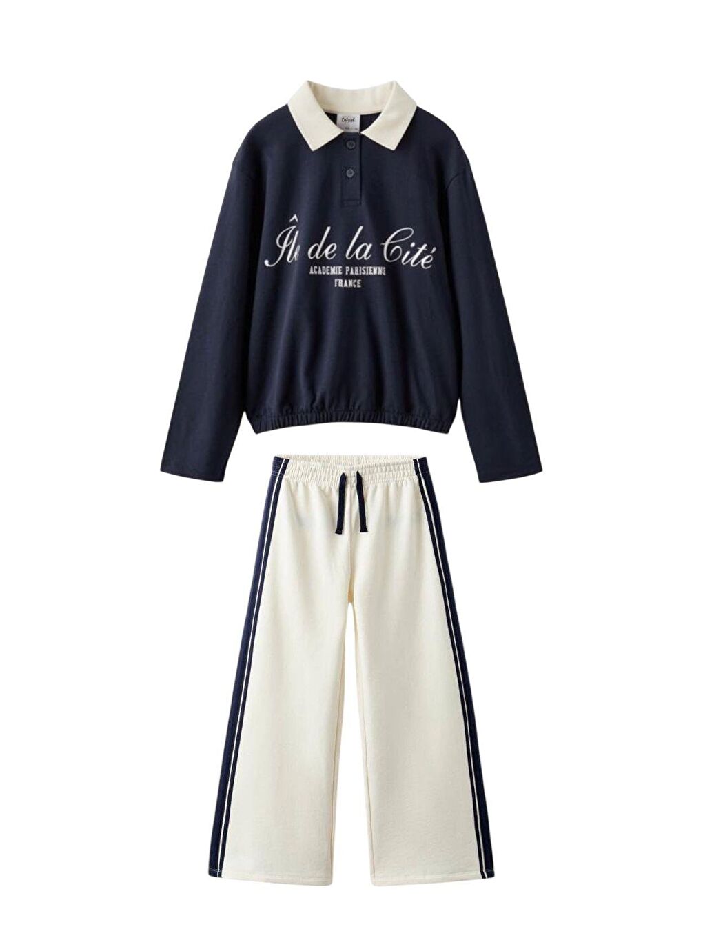 Karışık Kız Çocuk Pamuklu Lacivert-Beyaz Paris Baskılı Polo Yaka Eşofman Takımı - Şerit Detaylı-2