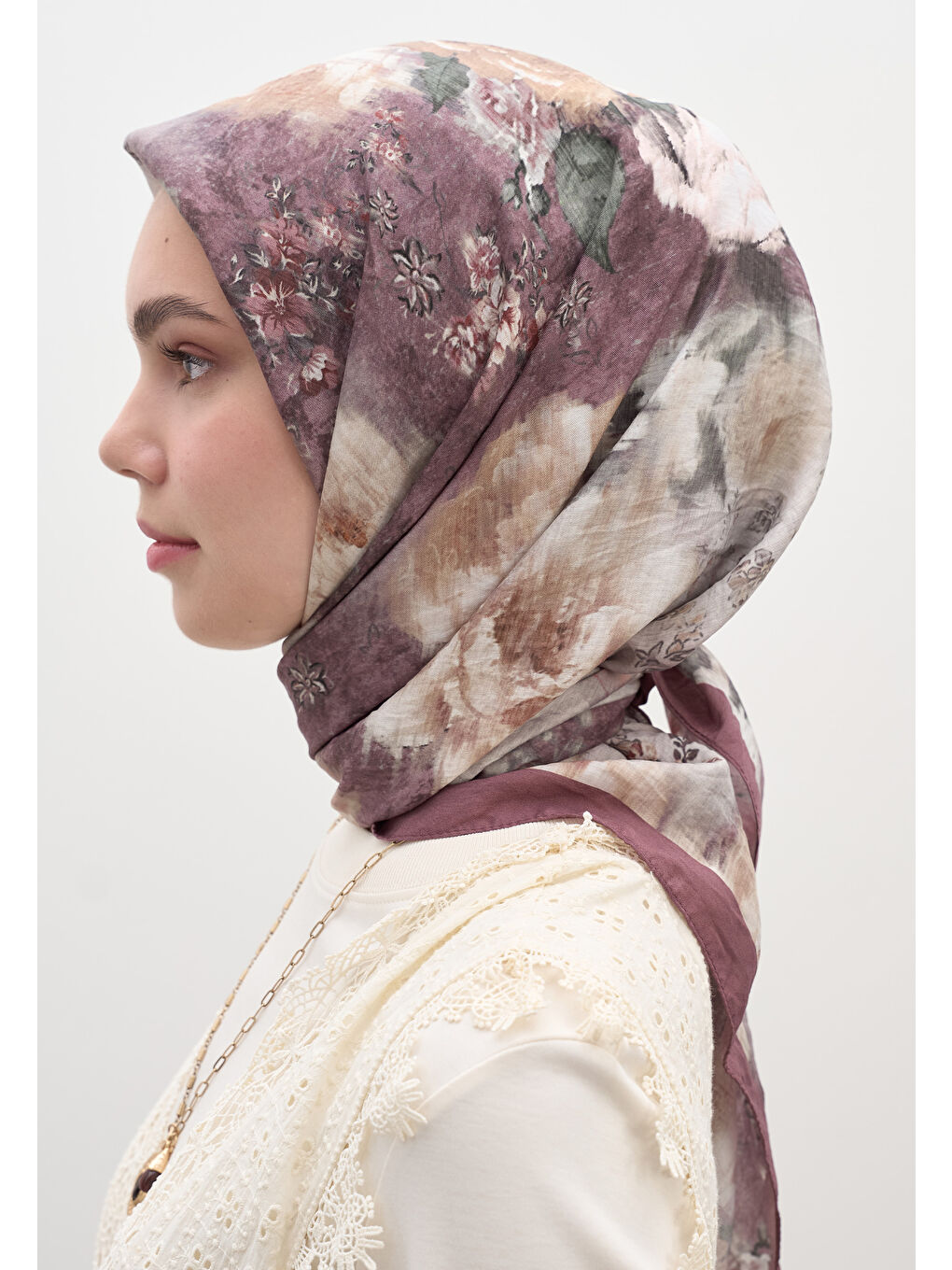 Pembe Vıntage Rose Desen Pamuklu Viskon Eşarp Gülkurusu-3