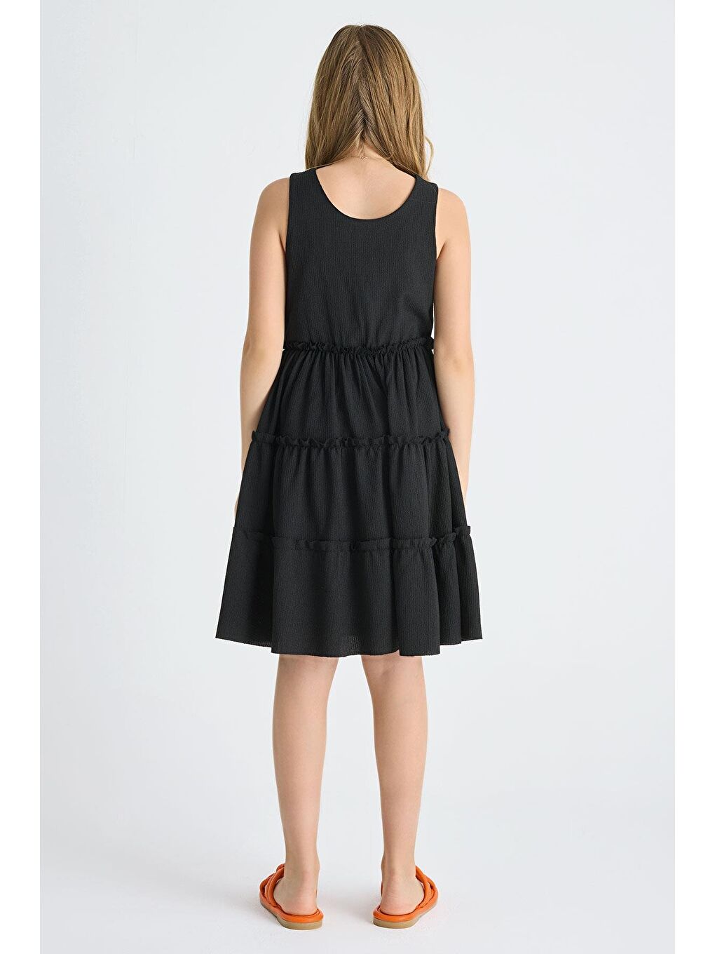 Bisiklet Yaka Sıfır Kol Beli Lastikli Siyah Renk Kız Çocuk Elbise-2