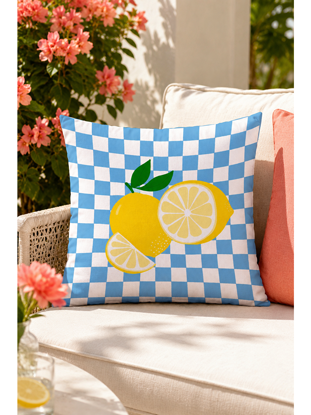 Beyaz Limon Dama Desenli Dekoratif Kırlent Kılıfı Yazlık Akdeniz Balkon Dekoru 43x43 Cm-7