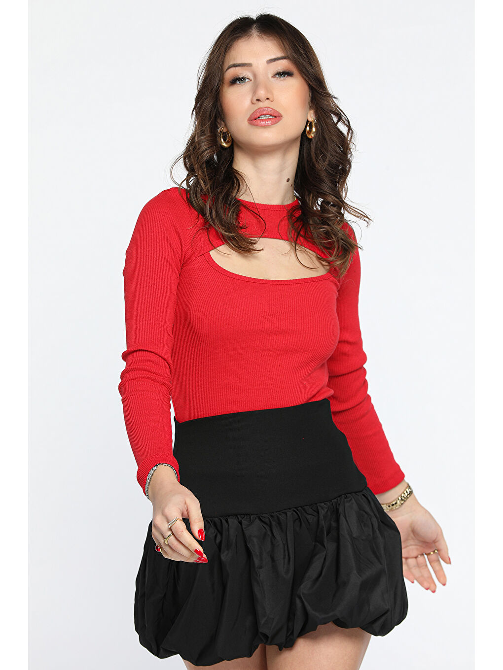 Kırmızı Ön Pencereli Elastanlı Kaşkorse Bluz-1