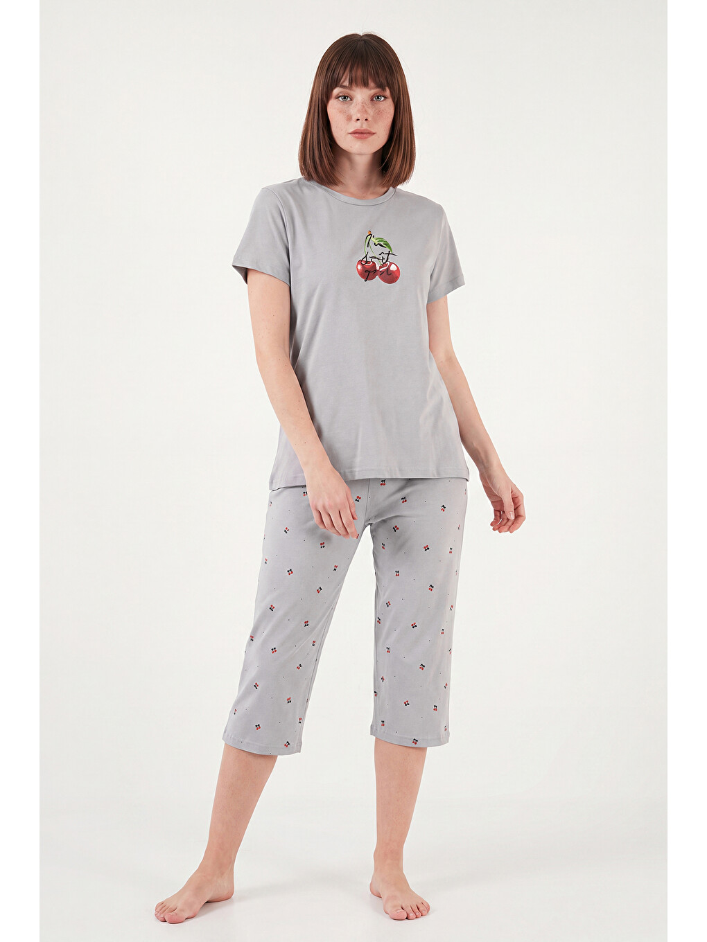 Gri Desenli Pamuklu Bisiklet Yaka Kaprili Pijama Takımı 65790787-1