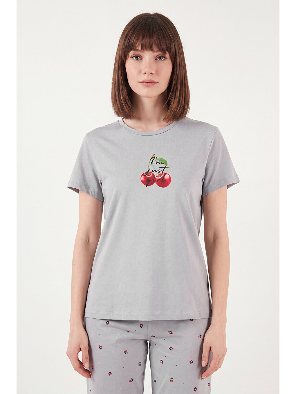 Gri Desenli Pamuklu Bisiklet Yaka Kaprili Pijama Takımı 65790787-2