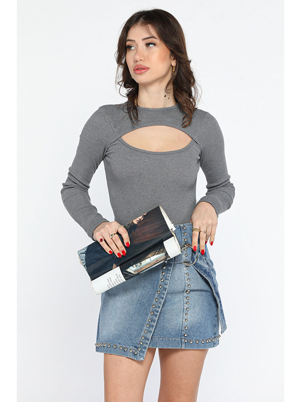 Antrasit Ön Pencereli Elastanlı Kaşkorse Bluz