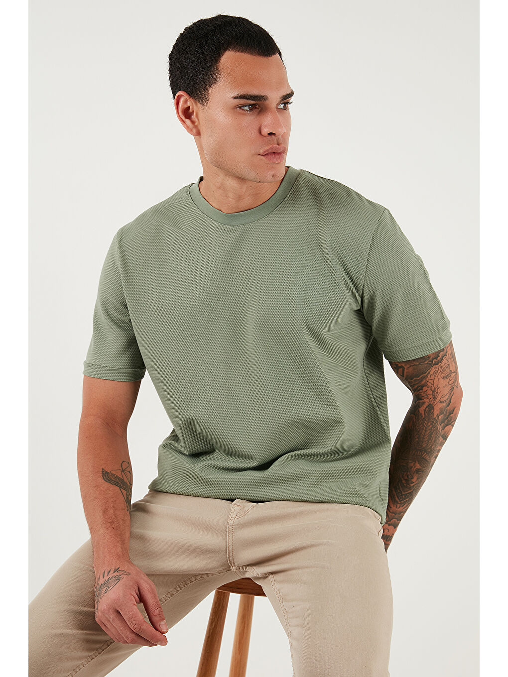 Yeşil Streç Pamuklu Slim Fit Sıfır Yaka Tişört 5902639