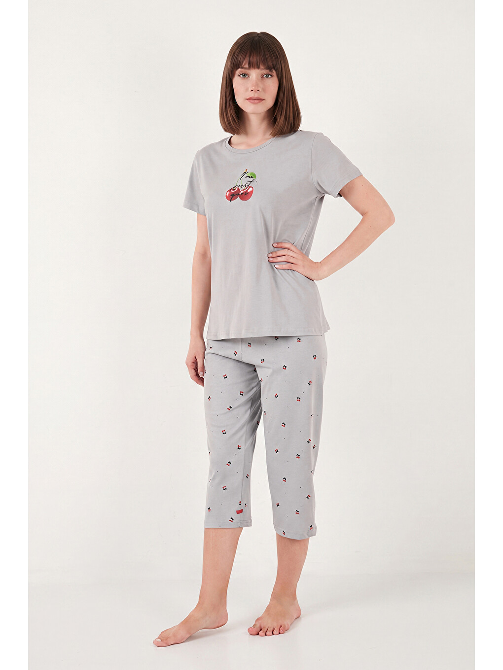 Gri Desenli Pamuklu Bisiklet Yaka Kaprili Pijama Takımı 65790787-3