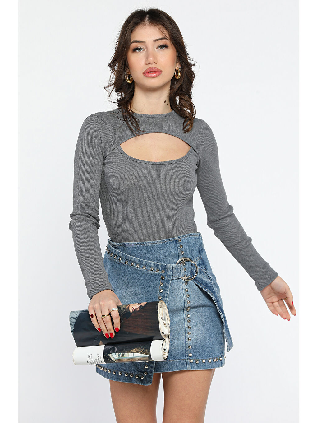 Antrasit Ön Pencereli Elastanlı Kaşkorse Bluz-1