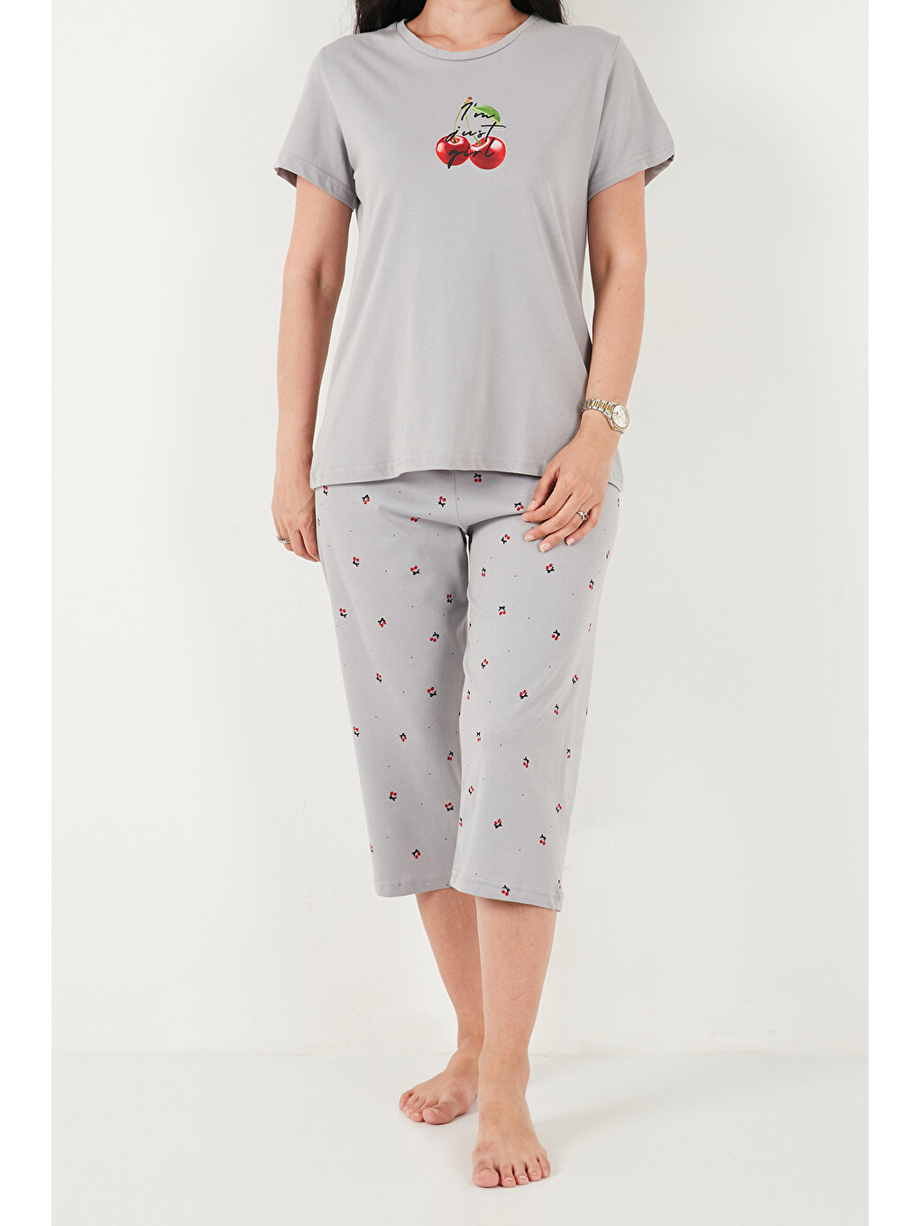 Gri Desenli Pamuklu Bisiklet Yaka Kaprili Pijama Takımı 65790787-4