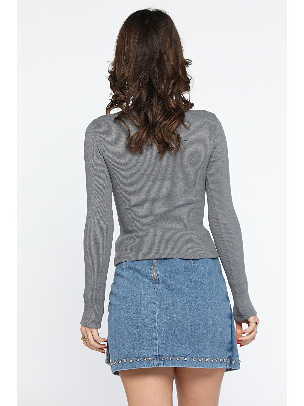 Antrasit Ön Pencereli Elastanlı Kaşkorse Bluz-2