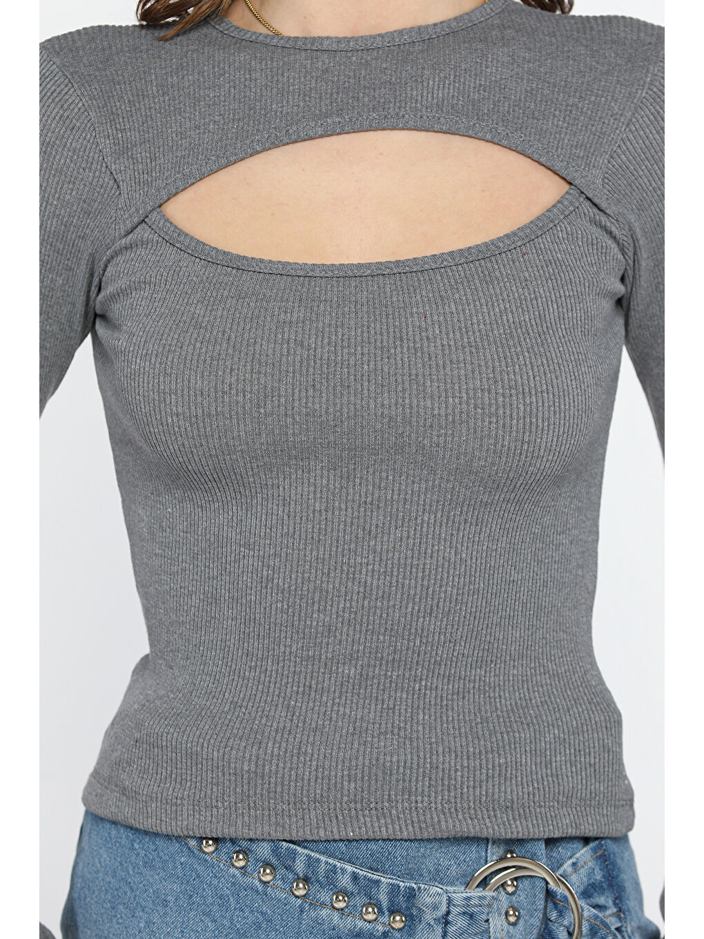 Antrasit Ön Pencereli Elastanlı Kaşkorse Bluz-3