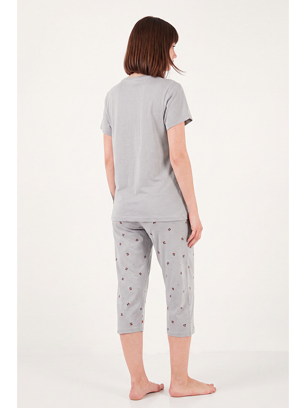 Gri Desenli Pamuklu Bisiklet Yaka Kaprili Pijama Takımı 65790787-6