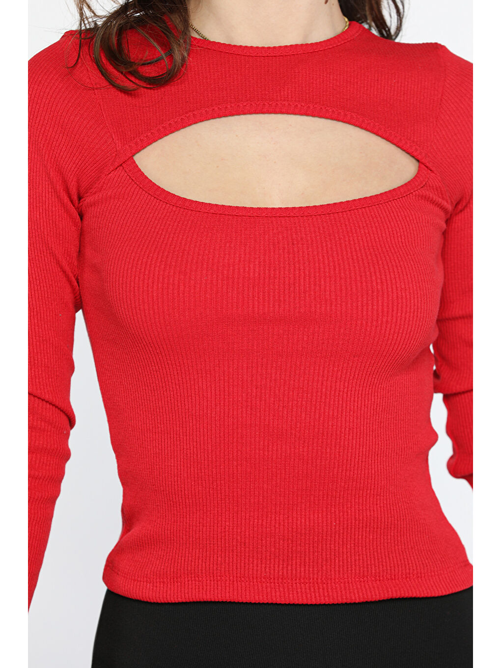 Kırmızı Ön Pencereli Elastanlı Kaşkorse Bluz-3