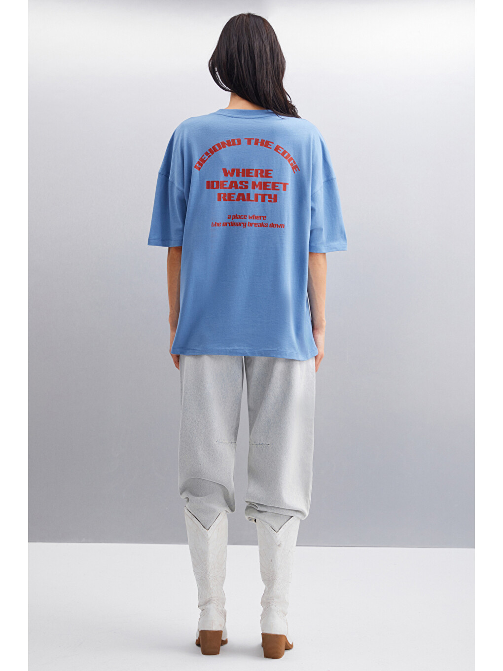 Arcadıa Kadın %100 Pamuk Arka Ve Önü Yazi Detaylı Baskılı Slim İndigo T-shirt-5