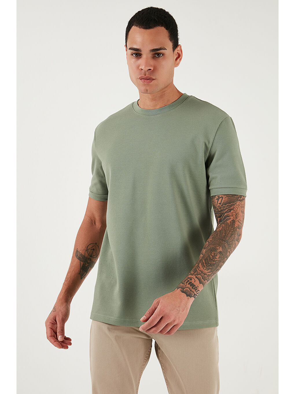 Yeşil Streç Pamuklu Slim Fit Sıfır Yaka Tişört 5902639-3