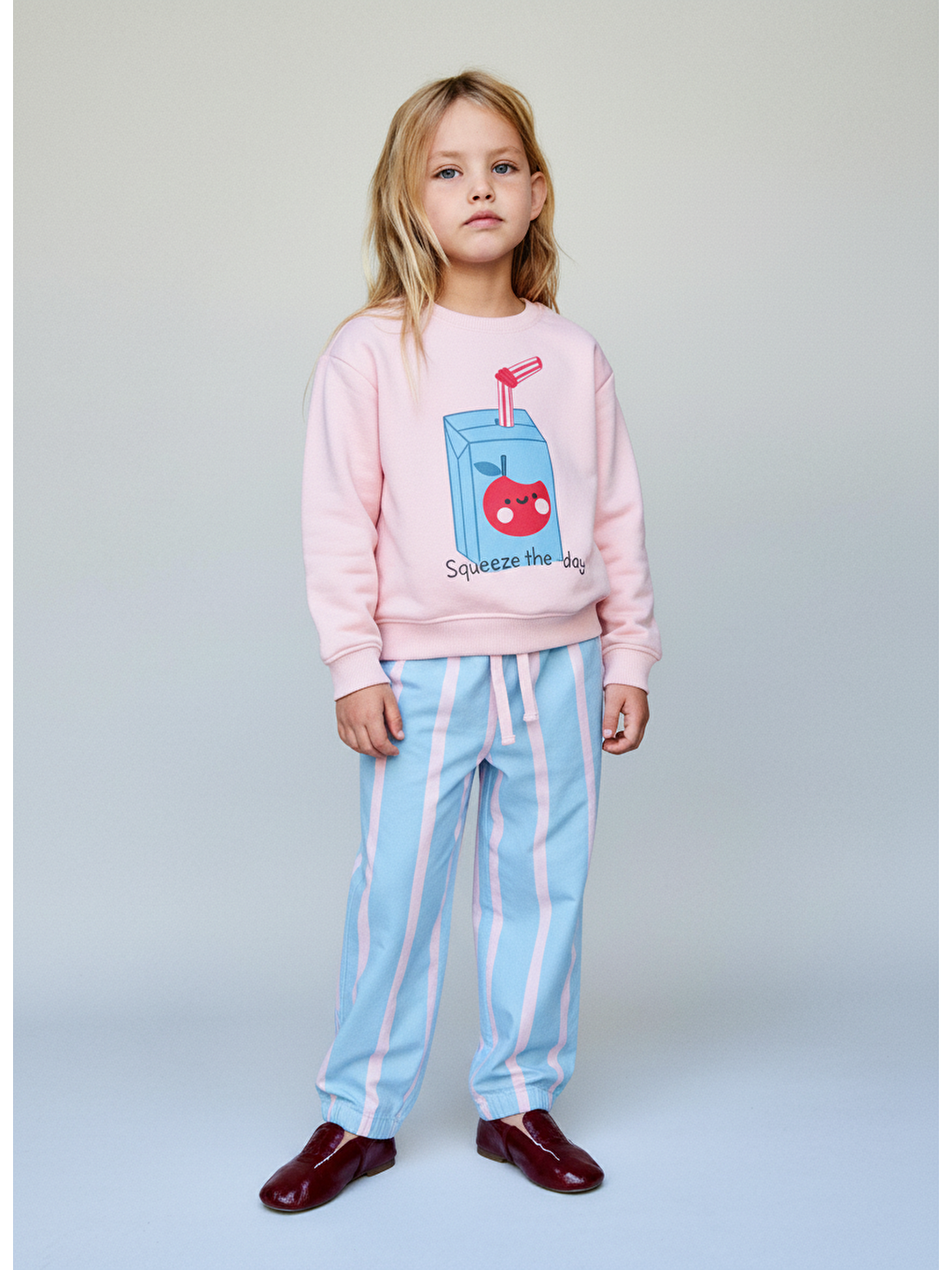 Karışık Kız Çocuk Pamuklu Pembe Squeeze The Day Baskılı Eşofman Takımı - Çizgili Alt Model-1