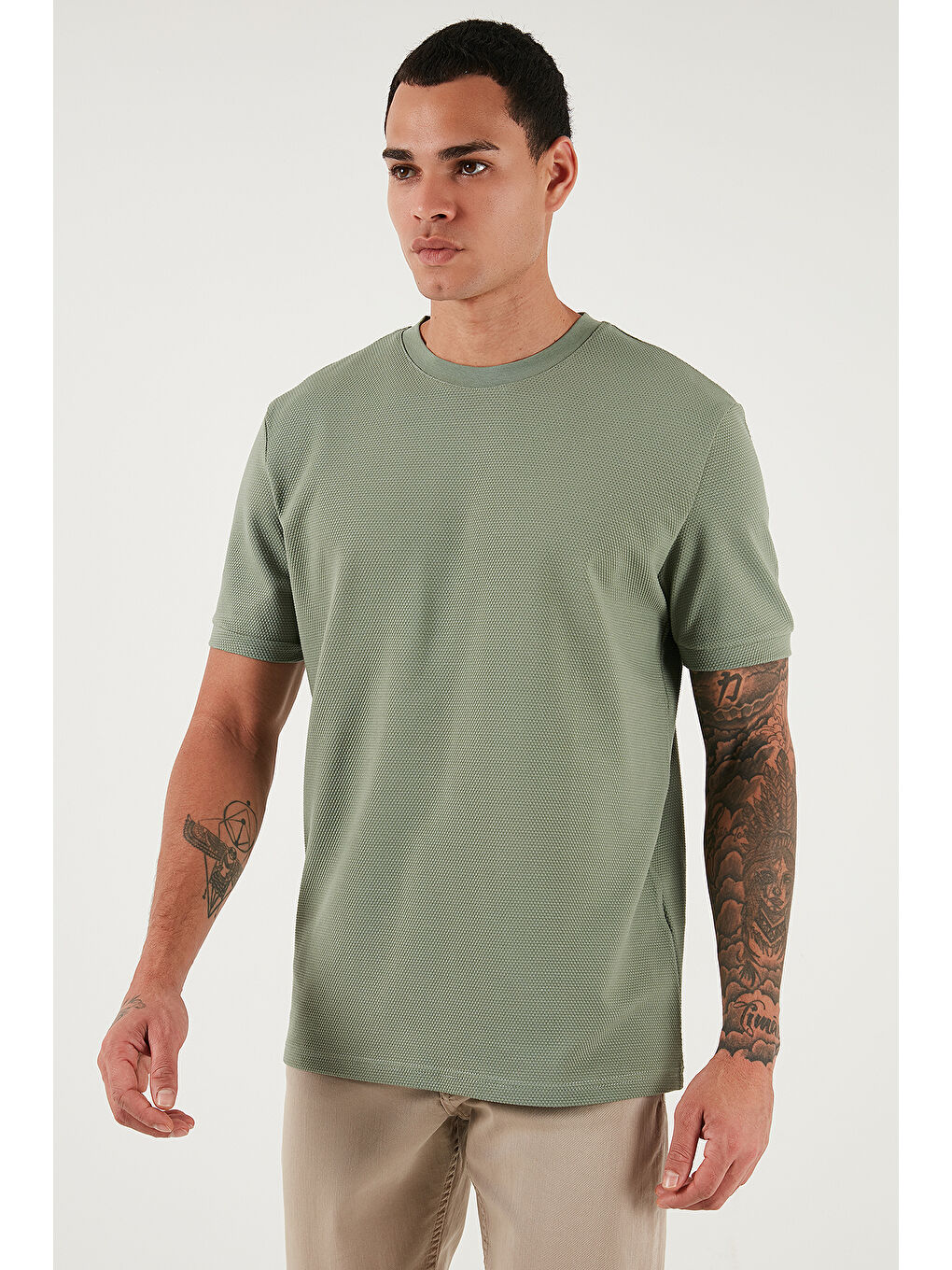 Yeşil Streç Pamuklu Slim Fit Sıfır Yaka Tişört 5902639-4