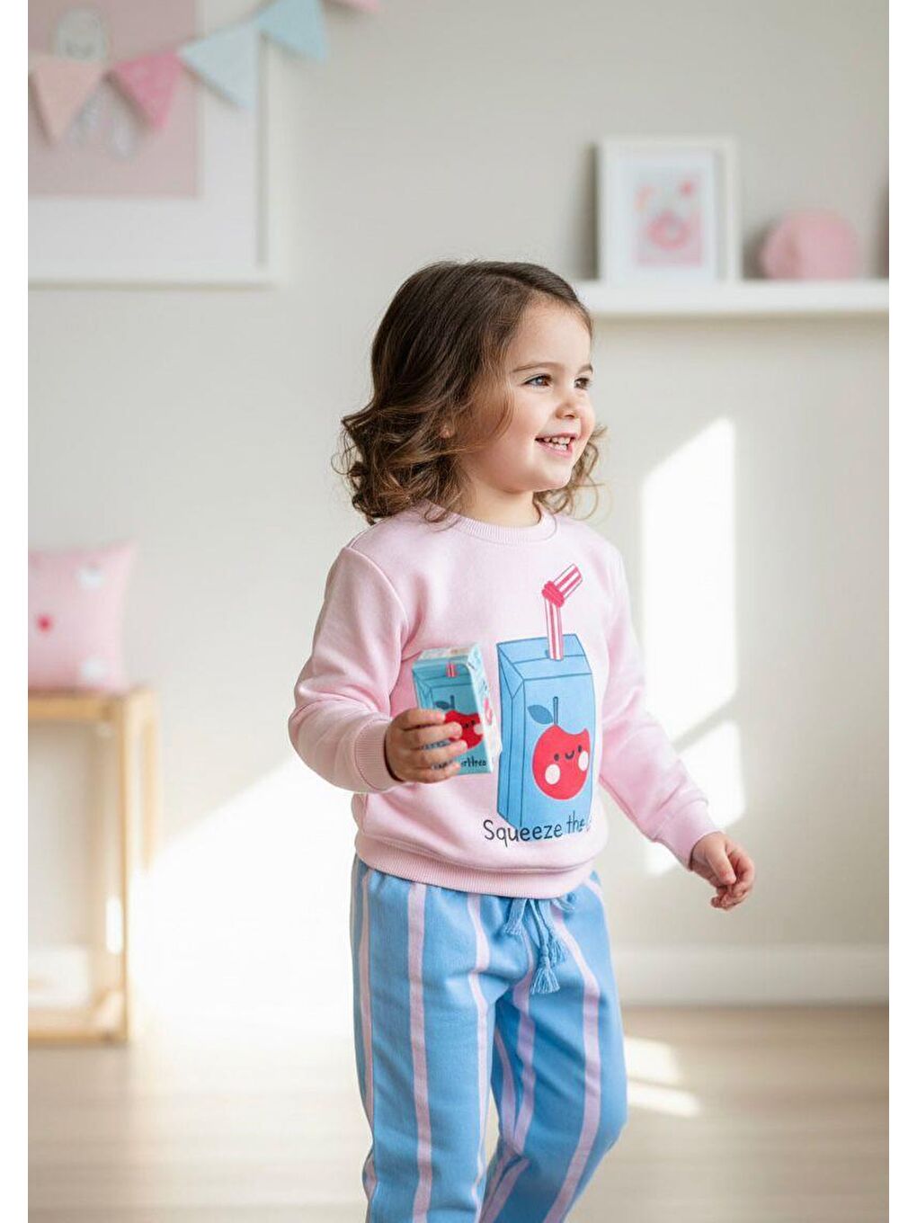 Karışık Kız Çocuk Pamuklu Pembe Squeeze The Day Baskılı Eşofman Takımı - Çizgili Alt Model-2