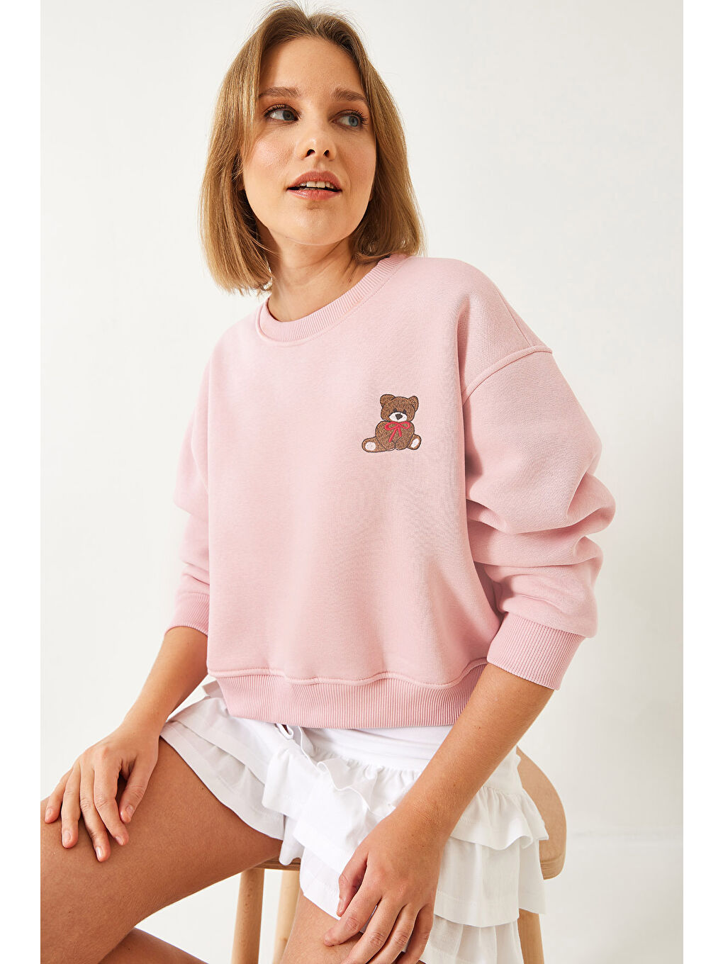 Pembe Kadın Üç İplik Şardonlu Ayıcık İşlemeli Sweatshirt-2