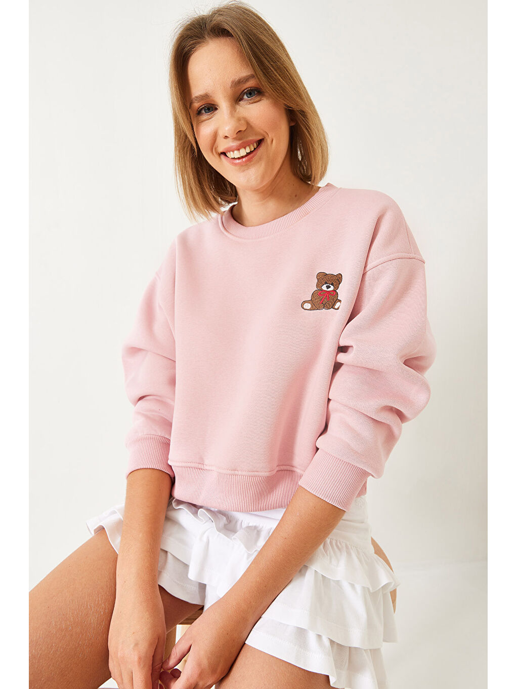 Pembe Kadın Üç İplik Şardonlu Ayıcık İşlemeli Sweatshirt-4