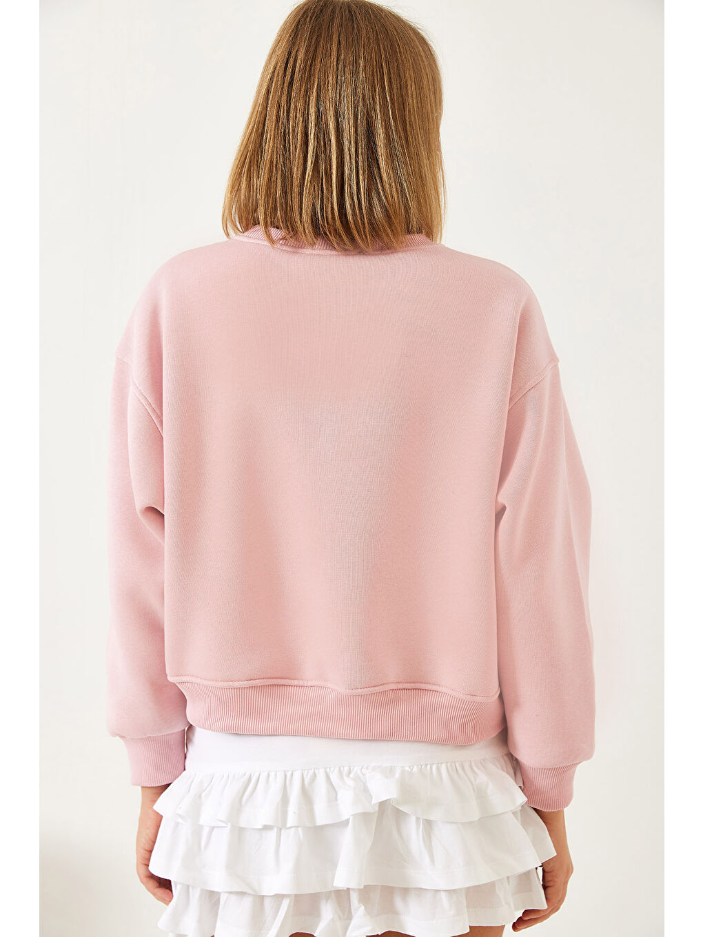Pembe Kadın Üç İplik Şardonlu Ayıcık İşlemeli Sweatshirt-5