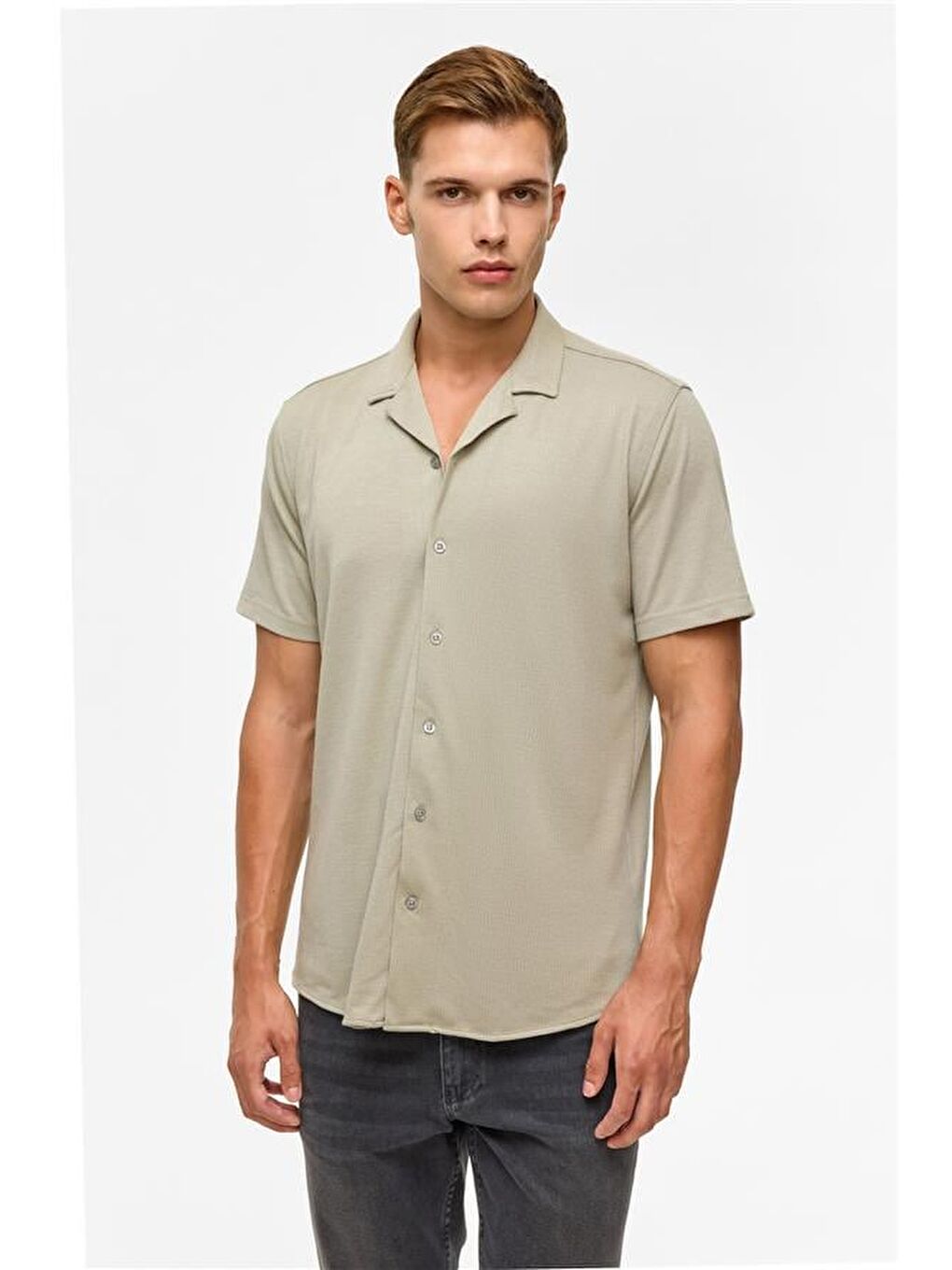 Koyu Haki Slim Fitilli Apaş Yaka Gömlek