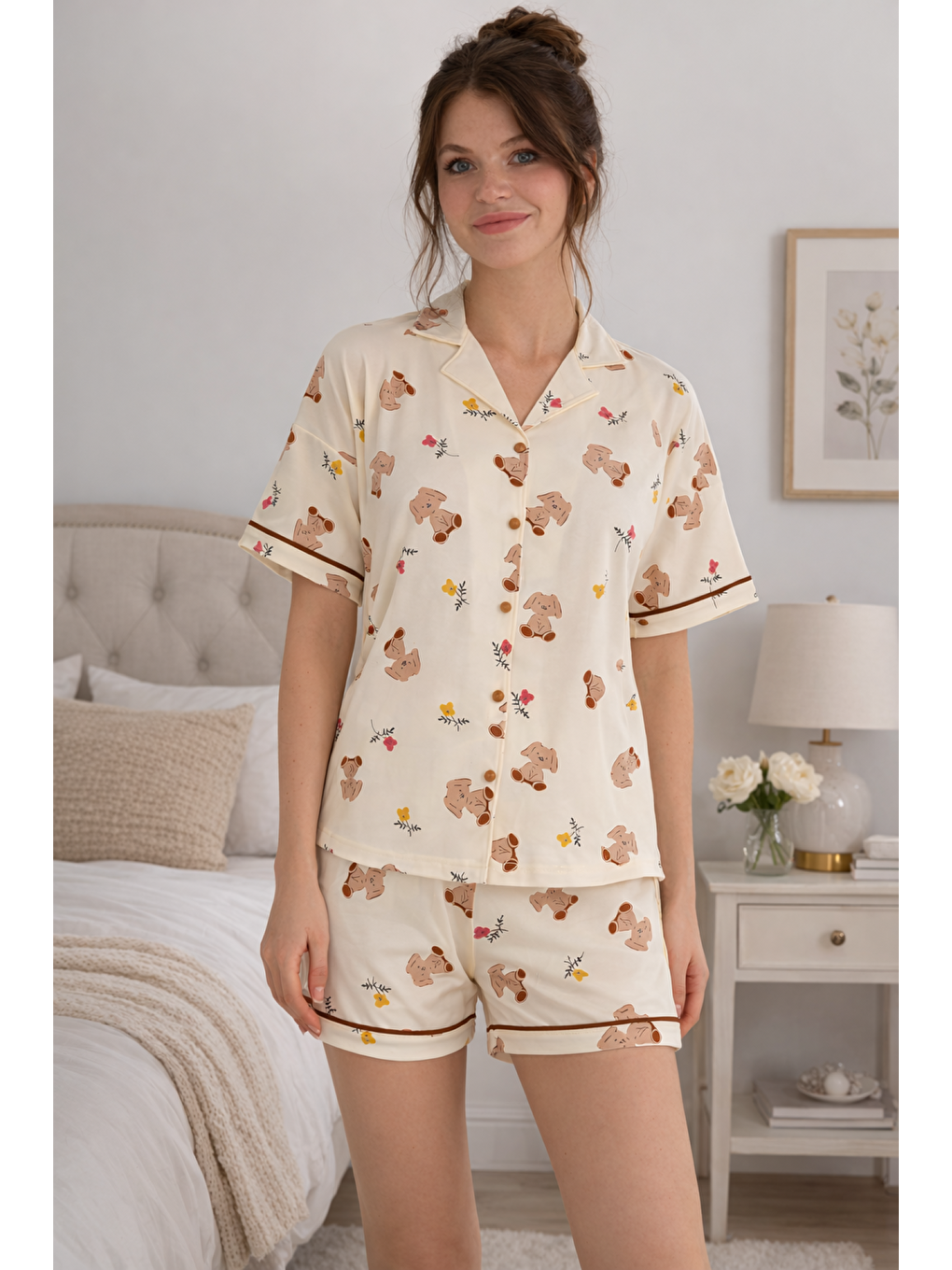 Ekru PREMIUM Kadın Viskon/Bambu Yüksek Kaliteli Gömlek Yaka Düğmeli Biyeli Esnek Şortlu Pijama Takımı