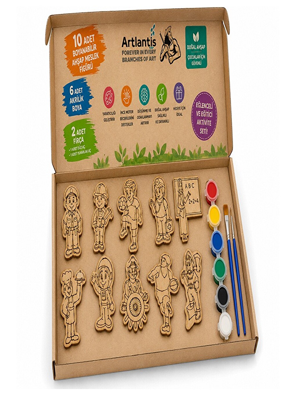 Ahşap Boyama Meslekler 10 Lu 1 Paket 10x15cm Ahşap Boyama 6 Renk Boya Resim Fırçası Etkinlik Çocuk G-1