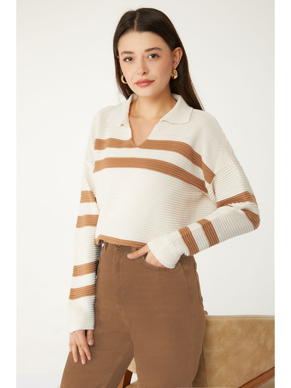 V Yaka Kadın Ekru Trkio Kazak - 26503-1