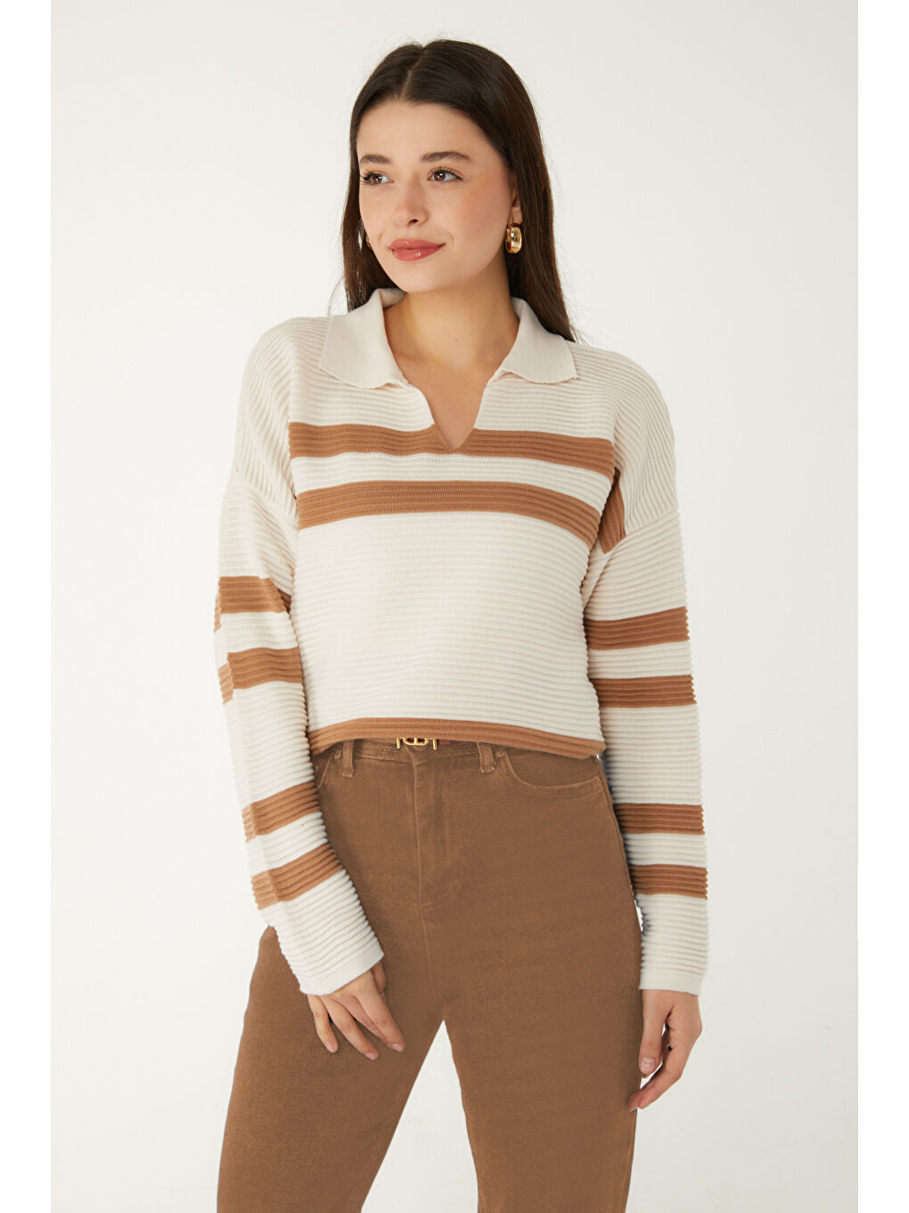 V Yaka Kadın Ekru Trkio Kazak - 26503-2